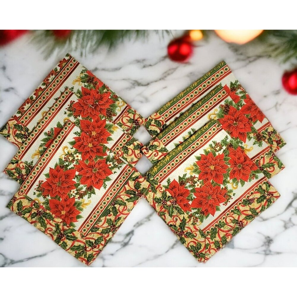 6 Christmas Napkins Holly Poinsettias Quilt Square Placemat Holiday Handmade Set